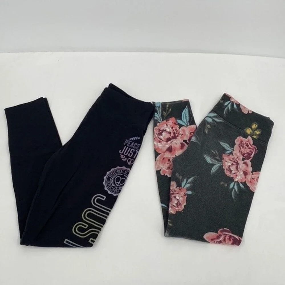 Lot of 2 Justice Full Length Leggings Floral Spellout Leg Girls XL 16/18